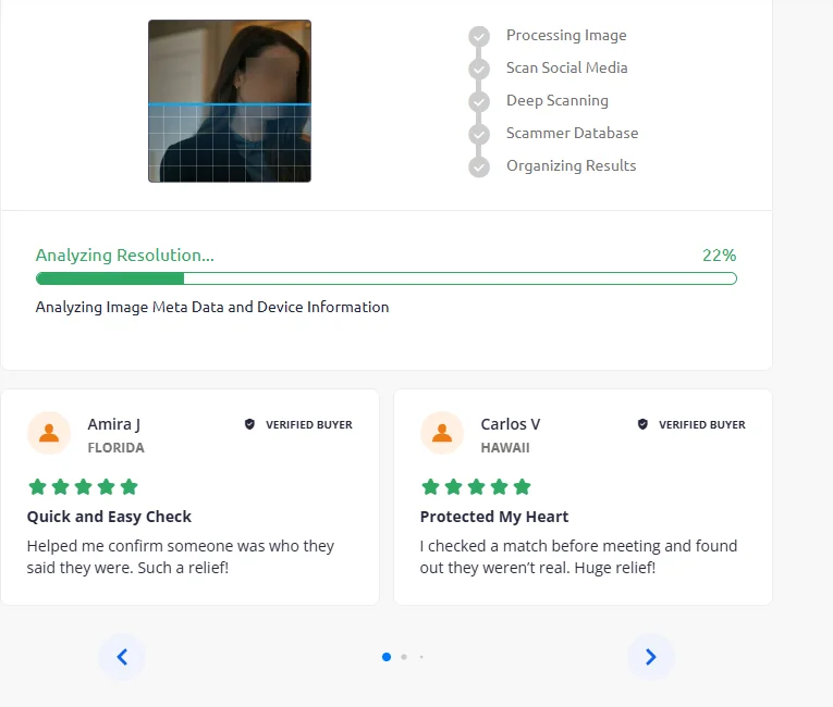 A scan screen with steps like Deep Scanning and Scammer Database, above two five-star reviews from verified buyers
